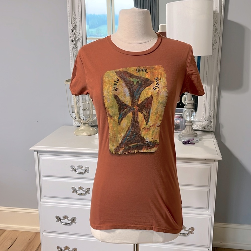 YE Designs Girls Gone Godly Tee Brown Short Sleeve Shirt Womens Small
